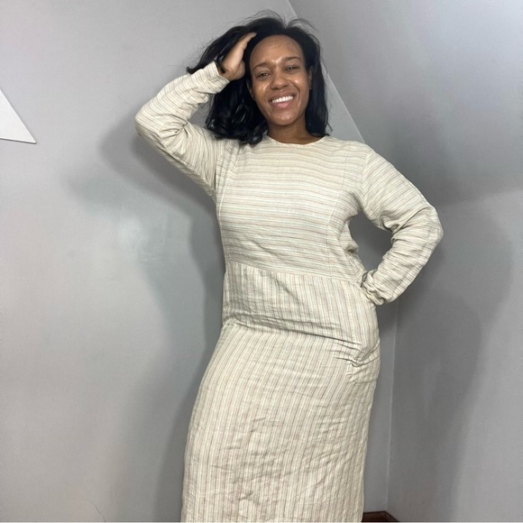 Vintage FLAX by Jeanne Englehart 70s cream striped linen long sleeve maxi dress - Picture 6 of 15